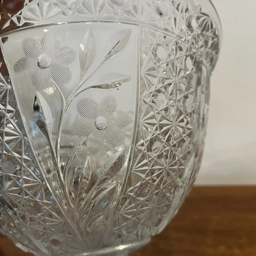 Vintage Compote Punch Bowl Candy Dish w/Frosted Etched Glass Flowers Starburst